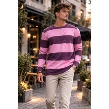SiFu Tekstil Erkek Pembe Mürdüm Çizgili Sıfır Yaka Önü İntersiye Püsküllü Triko Kazak – Modern Tasarım