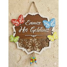 Bereket Taş Baskı Ahşap Lazer Kesim Kelebek Figürlü Evimize Hoş Geldiniz Kapı Süsü