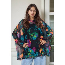 Mamayaga Kadın Çiçek Desenli Yarım Balıkçı Büyük Beden Curve Spor Şık Uzun Kol Atletli Tül Bluz