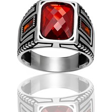 Yıldırım Kare Kırmızı Zirkon Taşlı, Yan Taş Detaylı 925 Ayar Gümüş Erkek Yüzük