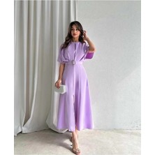 Moda Durağı Kaliteli Midi Elbise Yırtmaç Detaylı Kemerli Mor