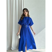 Moda Durağı Kaliteli Midi Elbise Yırtmaç Detaylı Kemerli Sax