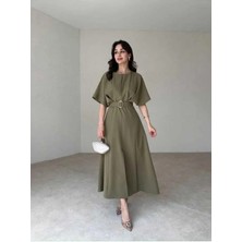 Moda Durağı Kaliteli Midi Elbise Yırtmaç Detaylı Kemerli Haki