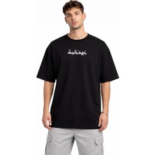 Tarz Yeri Erkek Kısa Kol Yazlık Tişört Bisiklet Yaka Baskılı Oversize T-Shirt - Siyah
