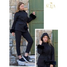 Cossy By Aqua Aqua 26132 Siyah Ponponlu Kolları Tüylü Kapüşonlu Dar Paça Eşofman Takım