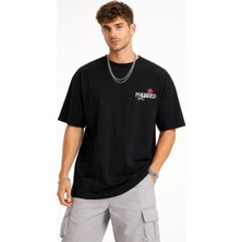 Tarz Yeri Erkek Kısa Kol Yazlık Tişört Bisiklet Yaka Baskılı Oversize T-Shirt - Siyah