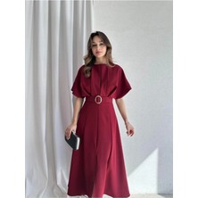 Moda Durağı Kaliteli Midi Elbise Yırtmaç Detaylı Kemerli Bordo