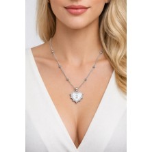 Nkie Jewels Gümüş Renk Beyaz Sedef Kalp Model Top Zincir Çelik Kolye - 3848