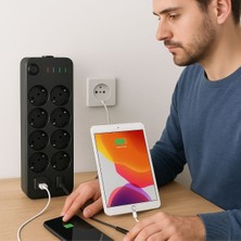 Twin Store® Akım Korumalı Termal Uzatma Kablosu – 10 Priz, 2 USB ve 2 Type-C Girişli, Güçlü Çoklu P