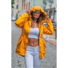 Modanı Seç Hardal Kapüşonu Kürklü Içi Kürklü Gabardin Mont