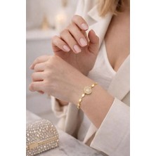 Oval Madalyon Zirkon Taşlı Gold Renk Kadın Bileklik