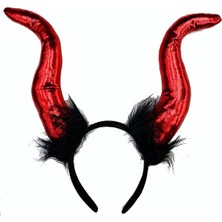 Skygo Kırmızı Renk Mega Boy Siyah Tüylü Saten Kaplama Boynuzlu Malefiz Tacı 30x28 cm