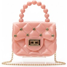 Rugan Pembe Pudra Silikon Taşlı Çapraz El Omuz Çantası Kadın Genç Kız Çocuk Bebek Hediyelik