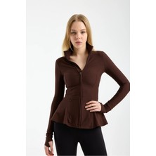 Win Moda Kadın Dik Yaka Tam Fermuarlı Spor Ceket – Volan Detaylı, Parmak Geçmeli | Xs-2xl