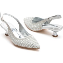 MFT Ayakkabı Kadın Kısa Topuklu Incili Gelinlik Abiye Ayakkabı Gümüş