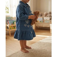 Dmb %100 Pamuk Bayramlık Kız Çocuk Kot Elbise Kalpli Pul Payetli Jean Elbise Düğmeli Şık Tasarım