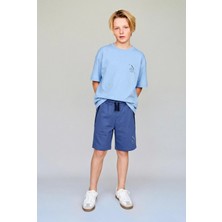 Magu Erkek Çocuk Pamuklu Mavi Baskılı T-Shirt ve Şort Takım - Fermuar Cepli