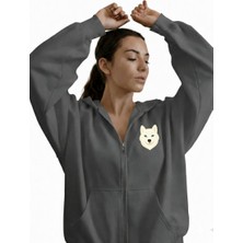 Muhtar Store Kadın Beyaz Husky Baskılı Oversize Fermuarlı Hoodie