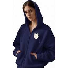 Muhtar Store Kadın Beyaz Husky Baskılı Oversize Fermuarlı Hoodie