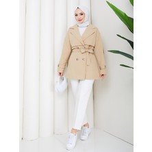 Zennyamoda Kadın Keten Bej Kolu Düğmeli Kuşak Detaylı Trençkot