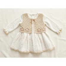 Minicix %100 Pamuk Kız Çocuk Bayramlık Elbise 2’li Takım – Yelekli Müslin Ekru Şık Kombin