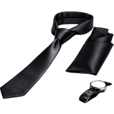 Unisex Düz Slim Fit Klasik Mendilli Saten Kravat