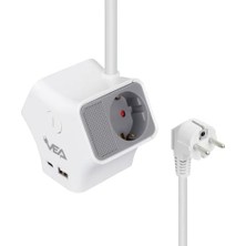 Pucutun Vea 3’lü Anahtarlı Grup Priz, 3680W 16A Yüksek Güç, 2 Usb, 1 Type-C Çıkışlı, 1.5 Metre Kablo, Enerji Tasarruflu ve Dayanıklı Tasarım, Ev ve Ofis Için Modern Çözüm