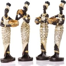 Pucutun Dekorlu Afrikalı Kadın Biblo Seti - 4'lü Dekoratif Figür Biblo,krem Siyah,15 x 15