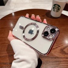 Pucutun 15 Plus Için ile Uyumlu Arka Kısmı Parlak Şeffaf Yapıya Sahip Kenarları Silikon Yapılı Güçlendirilmiş Mıknatıslı Kamera Lens Koruyuculu Kablosuz Şarj Destekli Kılıf (Pembe)