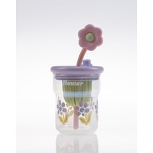 Pucutun Çiçek Desenli Cam Içecek Bardağı, Çiçek Temalı Pipetli Bardak, Kapaklı,eglenceli ve Dekoratif Tasarım, Mor,pembe,mavi,ve Yeşil Renk Seçenekleri (Mor)