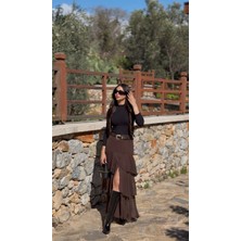 Harle Kahve  Fırfırlı Kat Kat Kemerli Etek