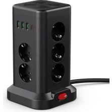 Pucutun 11’li Akım Korumalı Priz Kulesi | 3 Usb-A + 1 Type-C Çıkışlı, Hızlı Şarj, 3680W Güç, Anahtarlı Uzatma Kablosu – Smayling