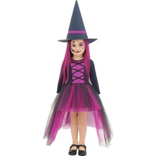 Dodomar Cadılar Bayramı Halloween Fuşya-Siyah 4-5 Yaş Şapkalı Cadı Kız Çocuk Kostümü