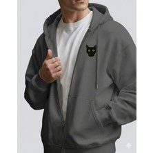 Muhtar Store Erkek Siyah Kedi Baskılı Oversize Fermuarlı Hoodie