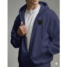 Muhtar Store Erkek Siyah Kedi Baskılı Oversize Fermuarlı Hoodie