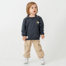 Bebeva Baby Erkek Çocuk Ride With Me Nakışlı Sweatshirt ve Kargo Pantolon Ikili Takım - Füme/bej