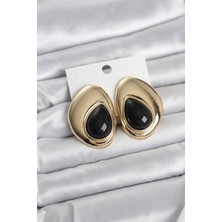 Ett Pirinç Gold Renk Siyah Taşlı Damla Model Vintage Kadın Küpe