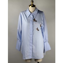MY312 Mavi Renk Arkası Kuş Detaylı Gömlek