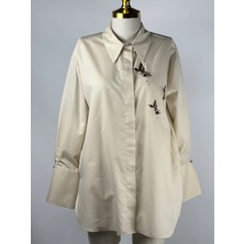 MY312 Bej Renk Arkası Kuş Detaylı Gömlek