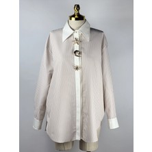 MY312 Bej Renk Aksesuarlı Çizgili Gömlek