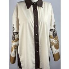 MY312 Bej Renk Kolları Nakışlı Taşlı Gömlek