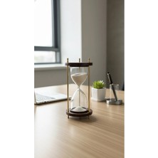 Evle Ahşap Kaideli Dekoratif Kum Saati 14 cm Altın Rengi Metal Beyaz Kumlu Lüks Vintage Tasarım