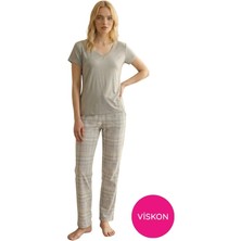 Bie's Kadın Gri Ekose Desenli Düğmesiz Bisiklet Yaka Kısa Kol Slim Fit Yazlık Homewear Pijama Takımı