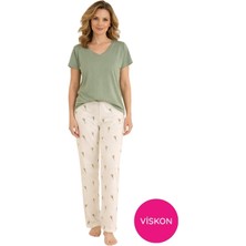 Bie's Kadın Yeşil Çiçek Desenli Düğmesiz Bisiklet Yaka Kısa Kol Slim Fit Yazlık Homewear Pijama Takımı