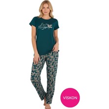 Bie's Kadın Koyu Yeşil Desenli Düğmesiz Bisiklet Yaka Kısa Kol Slim Fit Yazlık Homewear Pijama Takımı