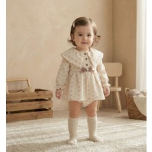 Bebeva Baby Kız Bebek Pembe Desenli Bebe Yakalı Uzun Kollu Rampır Elbise