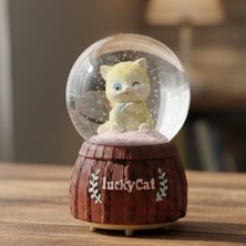 Twin Store Pilli Işıklı Müzikli Kar Küresi–şanslı Kedi Figürlü Eğlenceli Masaüstü Biblo, LED Aydınlatmalı Deko