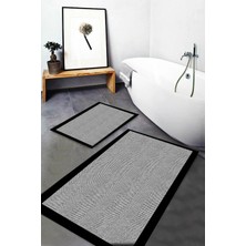 Mabeba Tekstil Siyah Gri Desenli Yıkanabilir Kaymaz Taban 2li Banyo Halısı Paspas Klozet Takımı