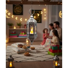 Dodomar Ledli Asmalı Eskitme Model Dekoratif Fener 20 cm Gümüş Kendinden Pilli