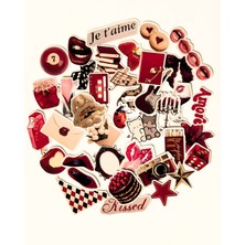 37 Adet Retro Bordo Kırmızı Sticker Set Bullet Journal Ajanda Scrapbook Tablet Telefon Laptop Etiket Çıkartma